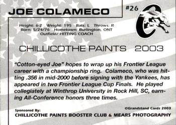 2003 Grandstand Chillicothe Paints #26 Joe Colameco Back