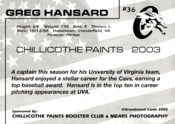 2003 Grandstand Chillicothe Paints #36 Greg Hansard Back
