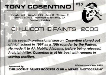 2003 Grandstand Chillicothe Paints #37 Tony Cosentino Back