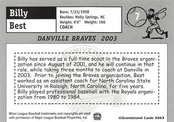 2003 Grandstand Danville Braves #NNO Billy Best Back