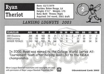 2003 Grandstand Lansing Lugnuts #NNO Ryan Theriot Back