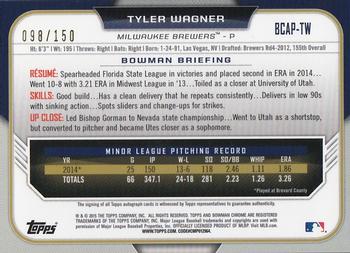 2015 Bowman - Chrome Prospect Autographs Blue Refractor #BCAP-TW Tyler Wagner Back