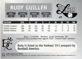 2003 Grandstand Midwest League Top Prospects #NNO Rudy Guillen Back