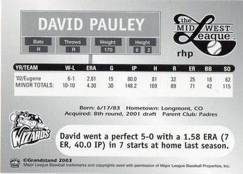 2003 Grandstand Midwest League Top Prospects #NNO David Pauley Back