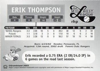 2003 Grandstand Midwest League Top Prospects #NNO Erik Thompson Back