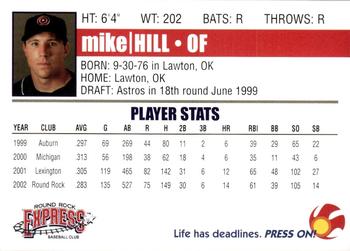 2003 Round Rock Express #NNO Mike Hill Back