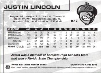 2003 Grandstand Visalia Oaks #27 Justin Lincoln Back