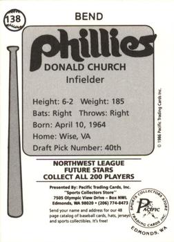 1986 Cramer Bend Phillies #138 Donald Church Back
