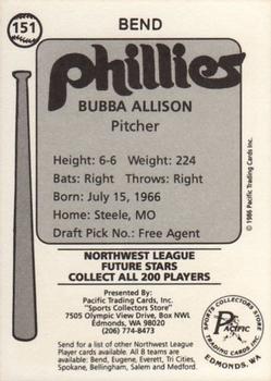 1986 Cramer Bend Phillies #151 Bubba Allison Back