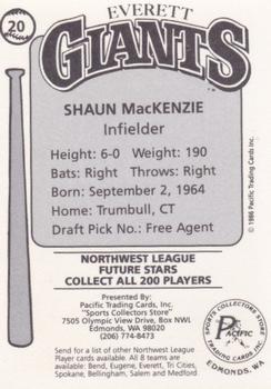 1986 Cramer Everett Giants #20 Shaun MacKenzie Back