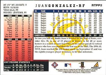 1998 Score Rookie & Traded - Showcase Series #RTPP2 Juan Gonzalez Back