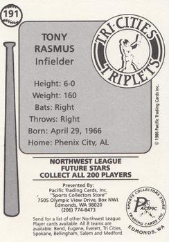 1986 Cramer Tri-Cities Triplets #191 Tony Rasmus Back