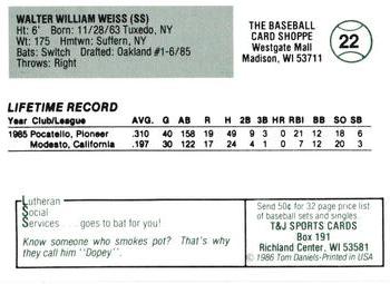 1986 Madison Muskies #22 Walt Weiss Back