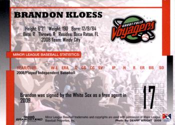 2009 Grandstand Great Falls Voyagers #NNO Brandon Kloess Back