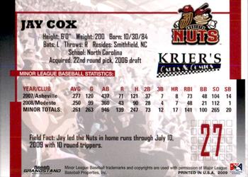 2009 Grandstand Modesto Nuts #NNO Jay Cox Back