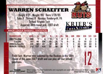 2009 Grandstand Modesto Nuts #NNO Warren Schaeffer Back