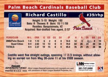 2009 Grandstand Palm Beach Cardinals #NNO Richard Castillo Back