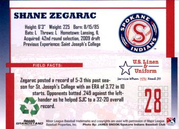 2009 Grandstand Spokane Indians #NNO Shane Zegarac Back
