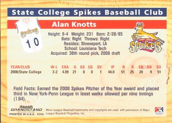 2009 Grandstand State College Spikes #NNO Alan Knotts Back