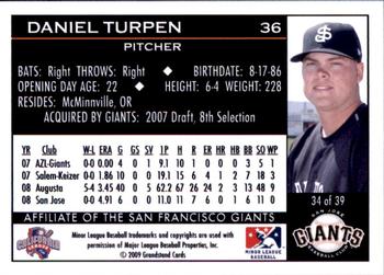 2009 Grandstand San Jose Giants #34 Daniel Turpen Back