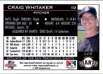 2009 Grandstand San Jose Giants #6 Craig Whitaker Back