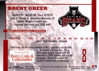 2009 Grandstand Yakima Bears #NNO Brent Greer Back
