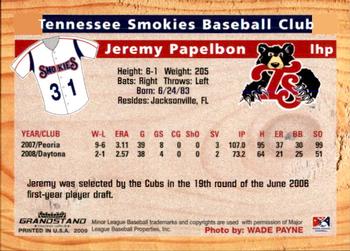 2009 Grandstand Tennessee Smokies #NNO Jeremy Papelbon Back