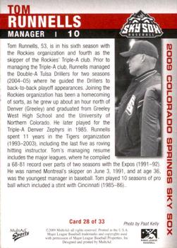 2009 MultiAd Colorado Springs Sky Sox #28 Tom Runnells Back