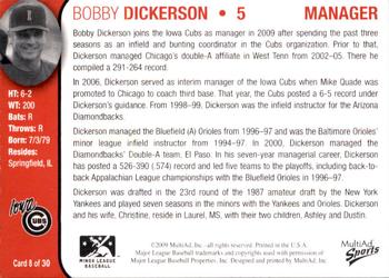 2009 MultiAd Iowa Cubs #8 Bobby Dickerson Back