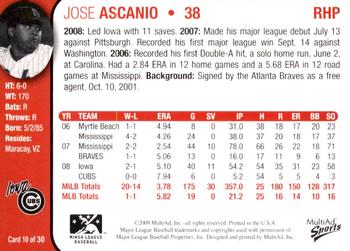 2009 MultiAd Iowa Cubs #10 Jose Ascanio Back