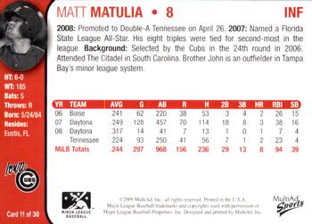 2009 MultiAd Iowa Cubs #11 Matt Matulia Back