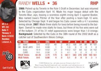 2009 MultiAd Iowa Cubs #13 Randy Wells Back