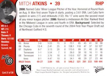 2009 MultiAd Iowa Cubs #21 Mitch Atkins Back