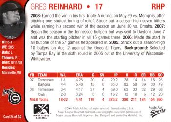 2009 MultiAd Iowa Cubs #24 Greg Reinhard Back