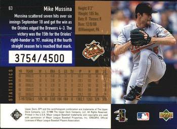 1998 SPx Finite - Radiance #63 Mike Mussina Back
