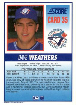 1991 Score Toronto Blue Jays #35 Dave Weathers Back