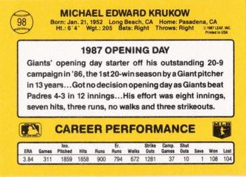 1987 Donruss Opening Day #98 Mike Krukow Back