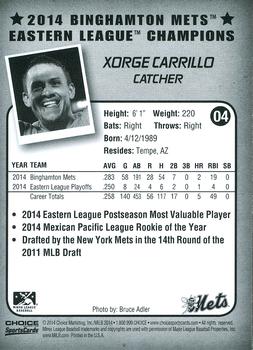 2014 Choice Binghamton Mets Eastern League Champions #4 Xorge Carrillo Back