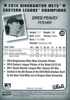 2014 Choice Binghamton Mets Eastern League Champions #20 Greg Peavey Back