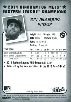 2014 Choice Binghamton Mets Eastern League Champions #24 Jon Velasquez Back