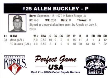 2004 Perfect Game Cedar Rapids Kernels #1 Allen Buckley Back