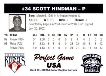2004 Perfect Game Cedar Rapids Kernels #3 Scott Hindman Back
