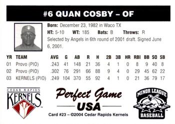 2004 Perfect Game Cedar Rapids Kernels #23 Quan Cosby Back