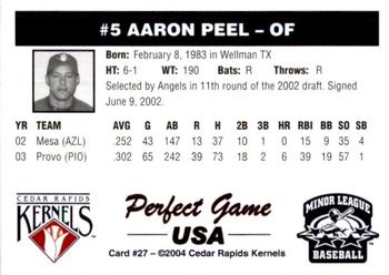 2004 Perfect Game Cedar Rapids Kernels #27 Aaron Peel Back