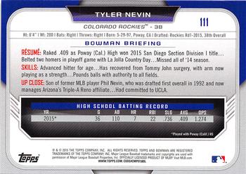 2015 Bowman Draft #111 Tyler Nevin Back