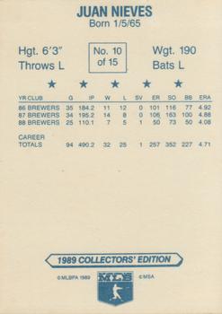1989 Gardner's Milwaukee Brewers #10 Juan Nieves Back