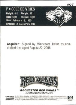 2012 Choice Rochester Red Wings #07 Cole De Vries Back