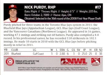 2012 Grandstand Vancouver Canadians #NNO Nick Purdy Back