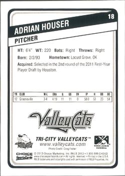 2013 Choice Tri-City ValleyCats #18 Adrian Houser Back