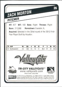 2013 Choice Tri-City ValleyCats #26 Zach Morton Back